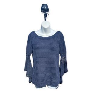 White House Black Market Navy Blue Sliver Boat Neckline Bell Sleeves Size S, Y
